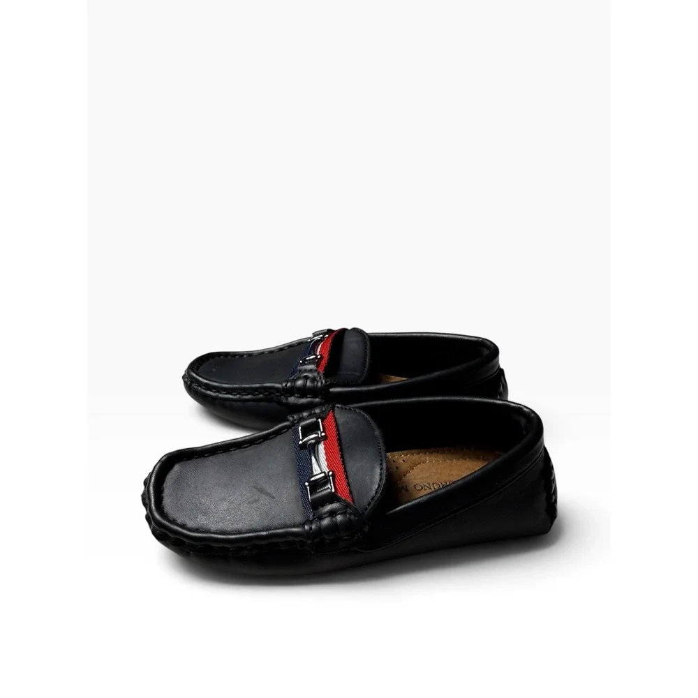 Bruno Marc Boys Black Loafers Driving Mocs Red White Blue Stripe Size 9 Toddler